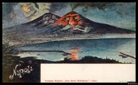 Tarjeta postal a color cómica de vista panorámica del Monte Vesuvio retratado como caricatura edi...