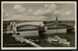 Tarjeta postal de vista panorámica del Hohenzollernbrücke en Colonia editada por Hoursch & Be...