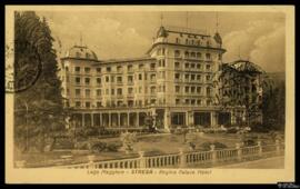 Tarjeta postal circulada de vista general del Regina Palace Hôtel en Stresa, junto al Lago Mayor ...