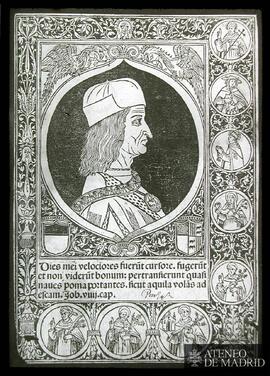 Retrato de hombre de perfil, con inscripción e imágenes de ¿santos?