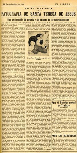 1931-11-22. Reseña de la conferencia del doctor Novoa Santos sobre Santa Teresa. El Liberal (Madrid)