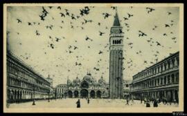 Tarjeta postal de fotograbado de escena costumbrista de vuelo de palomas en la Plaza de San Marco...