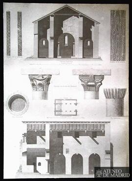 Planta, sección transversal, detalles de la cubierta, capiteles en el arco del Santuario y pilas ...