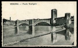 Tarjeta postal de vista panorámica del Ponte Scaligero de Verona con carta familiar manuscrita en...