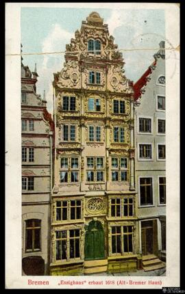 Tarjeta postal circulada a color de vista exterior de la Essighaus en Bremen editada por el Verla...