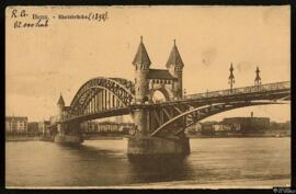 Tarjeta postal circulada del Rheinbrücke en Bonn remitida a la Fräulein [Paquerette Flahault], re...