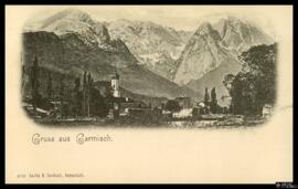 Tarjeta postal de vista general de Garmisch-Partenkirchen editada en Darmstadt por Lautz & Is...