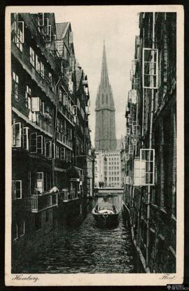 Tarjeta postal de vista exterior de un canal en Hamburgo editada por el Verlag Max Schröder