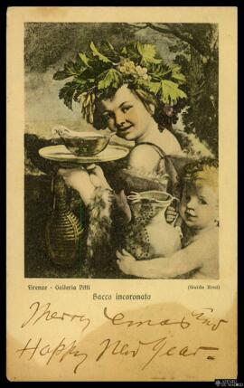 Tarjeta postal a color de reproducción a color de la obra de Guido Reni Bacco incoronato conserva...