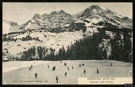 Tarjeta postal de vista panorámica de la pista de patinaje sobre hielo en la comuna Adelboden en ...