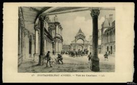 Tarjeta postal de grabado de escena costumbrista junto al Palacio de Fontainebleau editada por Lé...