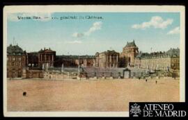 Tarjeta postal a color de vista general del Palacio de Versalles