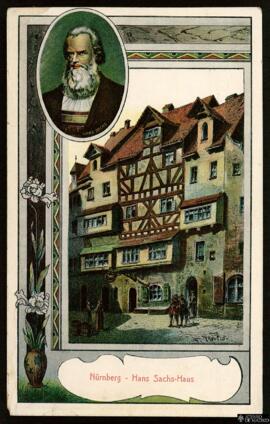 Tarjeta postal pintada a color de vista exterior de la Casa de Hans Sachs en Núbemberg editada po...