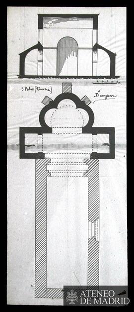 Planta y sección de la iglesia de San Pedro de Tarrasa.  (Dibujo de Vicente Lampérez y Romea)