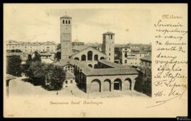 Tarjeta postal circulada de vista panorámica de la Basílica de san Ambrosio en Milán remitida a l...