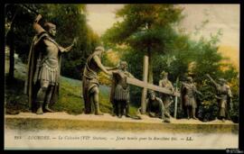 Tarjeta postal a color del grupo escultórico de la VII Station du Calvaire de Lourdes en la que J...