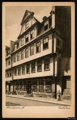 Tarjeta postal de vista exterior de la Goethehaus en Frankfurt editada por el Jacobs Kunstanstalt