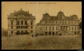 Tarjeta postal circulada de vista exterior del Teatro y el Ayuntamiento de Autun editada por M. G...
